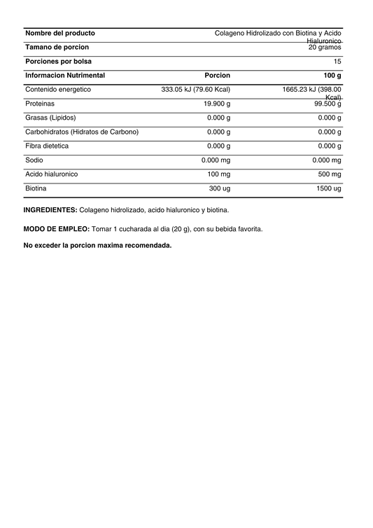 VIDANAT COLAGENO HIDROLIZADO CON BIOTINA Y ACIDO HIALURONICO 300 GR